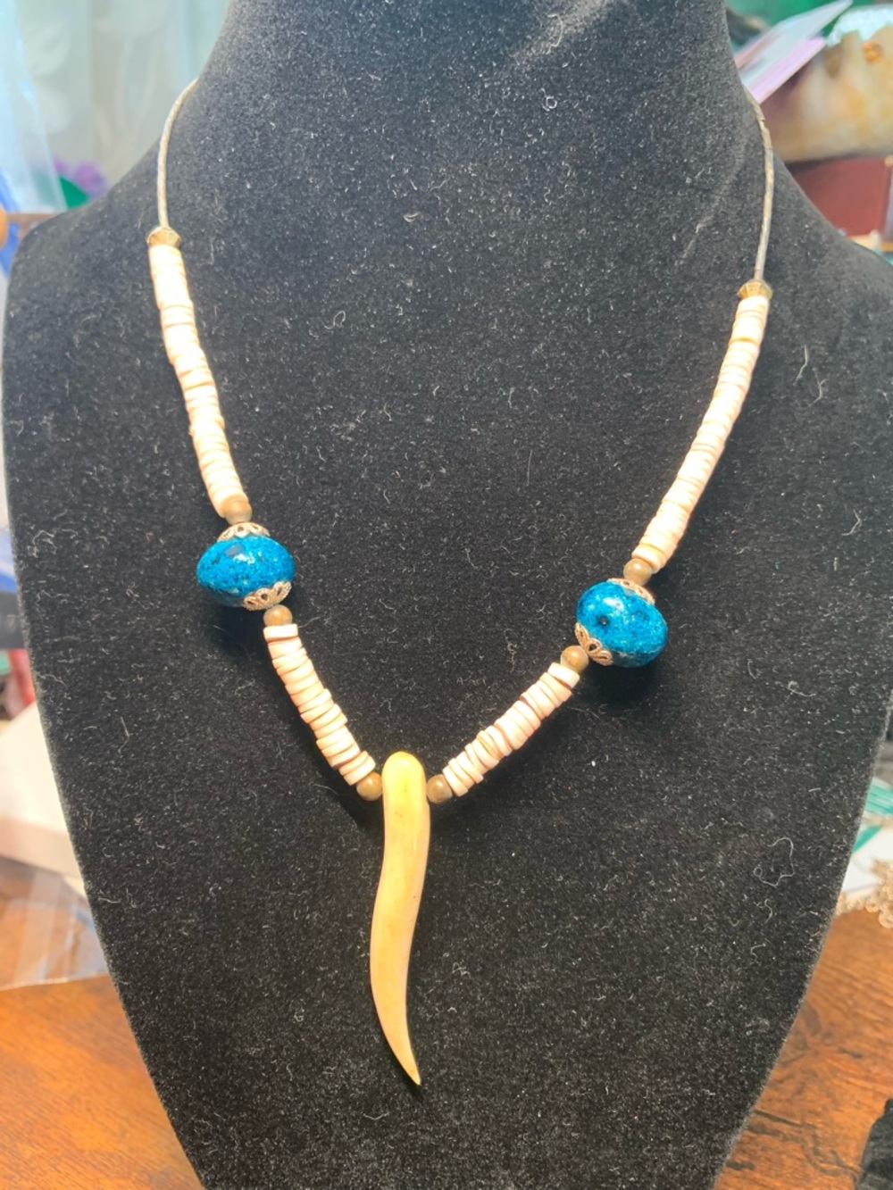 Handcrafted Beige and Turquoise Pendant Necklace